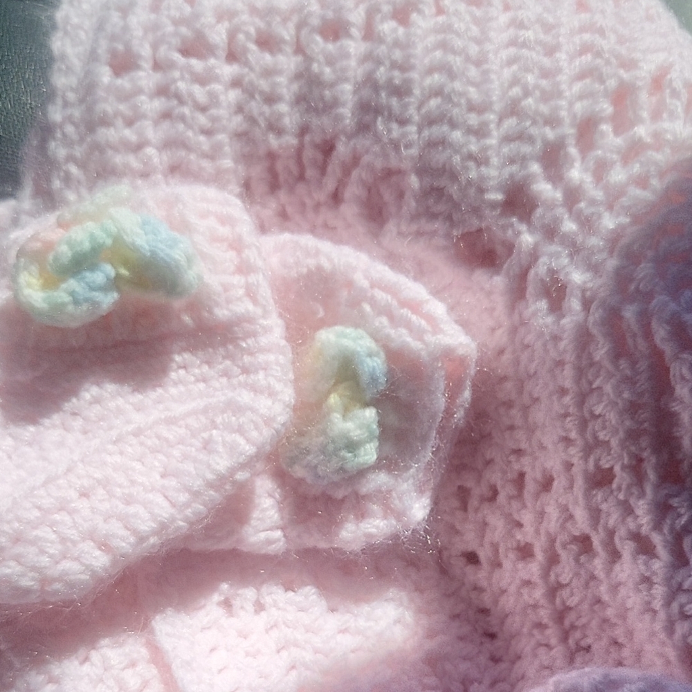 Soft Pink Crocheted Baby Blanket With Booties